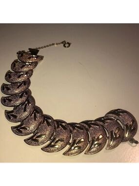 VTG Coro Gold Tone Crescent Moon Bracelet w Safety Chain 7” / 1” Width